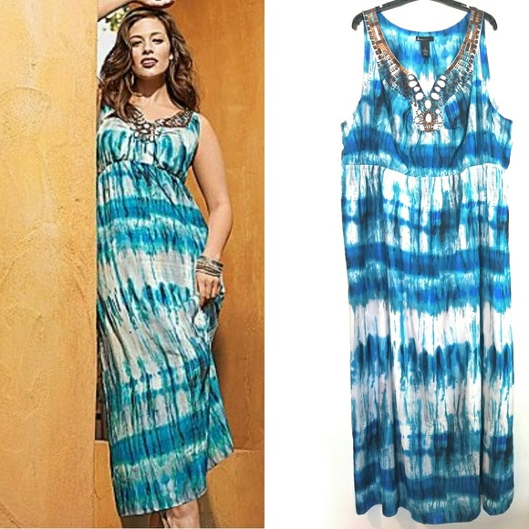 Lane Bryant Dresses & Skirts - 28 Lane Bryant Beaded Blue Tie Dye Maxi Dress